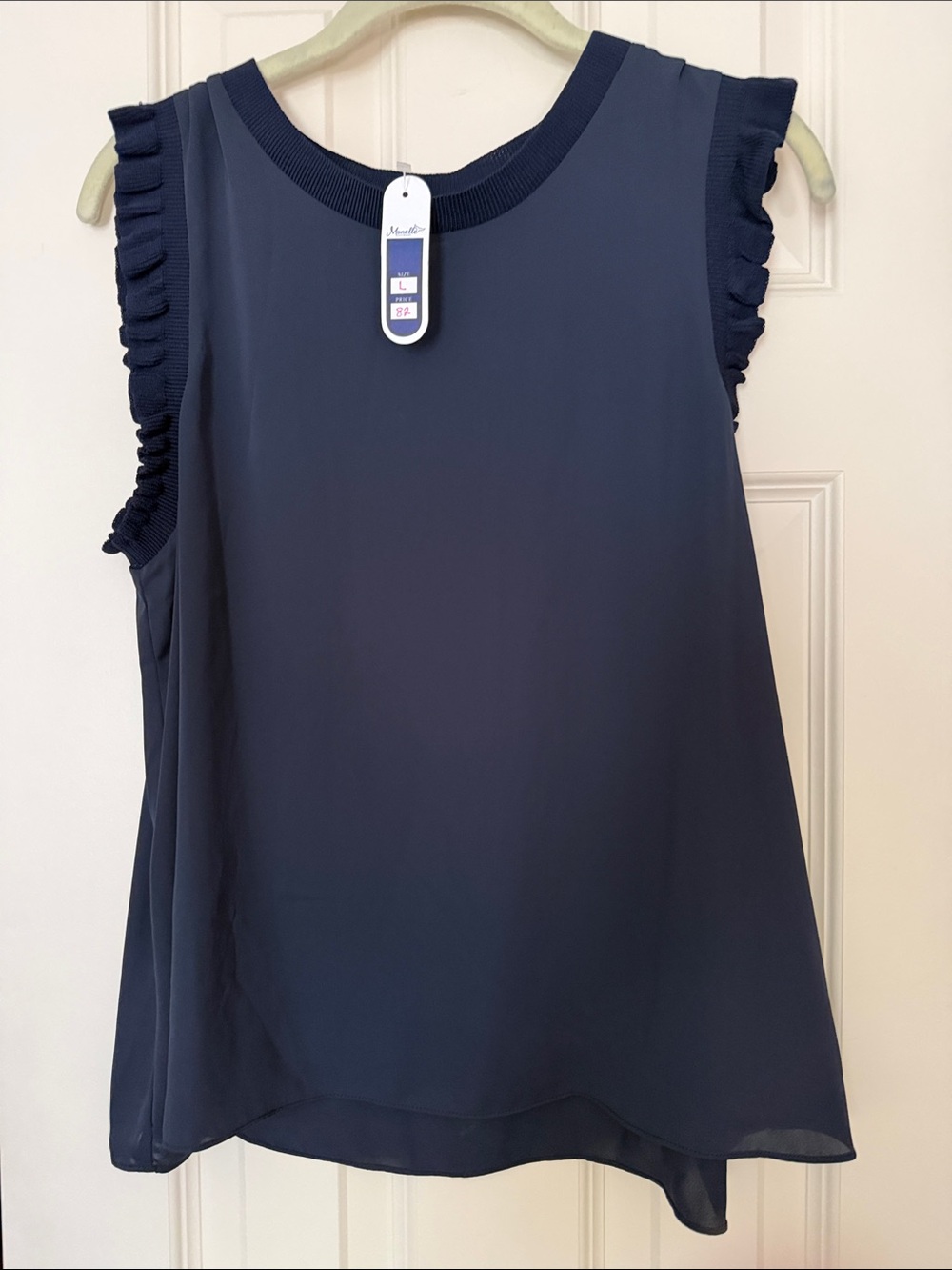 Currant Air Sleeveless Ruffle Trim Navy Top